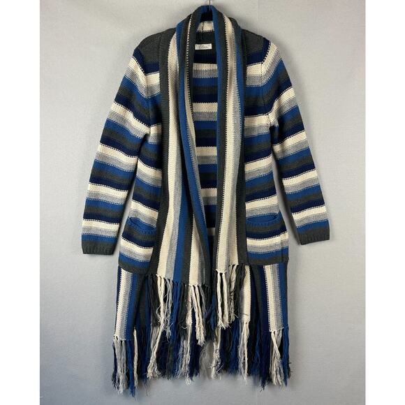 Elan Long Cardigan Sweater Women Medium Stripe Fringe Chunky Knit Granola Earthy - Picture 1 of 16